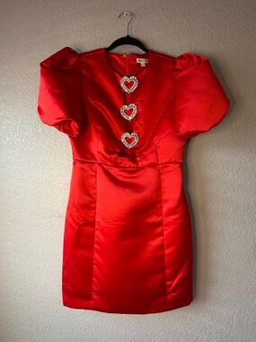Mainstrip Red Satin Puff Sleeve Mini Dress | Rhinestone Heart Detail | Size M